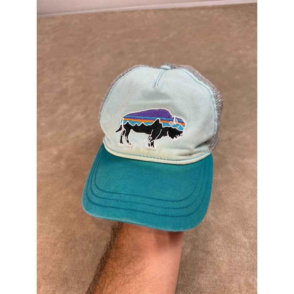 Patagonia Mens Buffalo Logo Mesh Back Adjustable Blue Multi Trucker Hat One Size